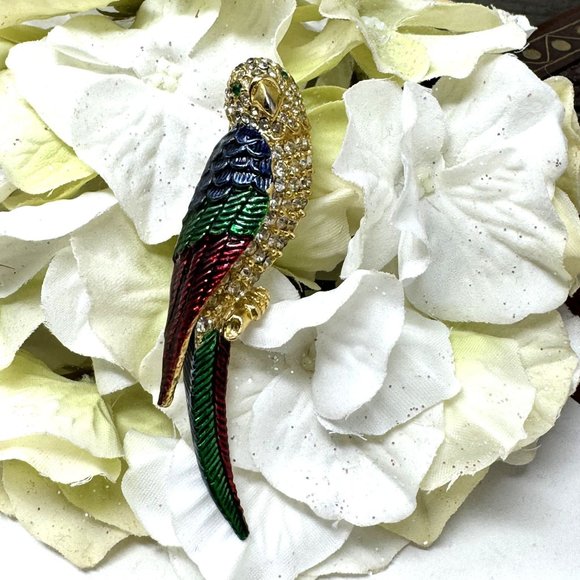 Vintage Parrot Brooch Pin Enamel N Rhinestone Goldtone - Picture 5 of 7